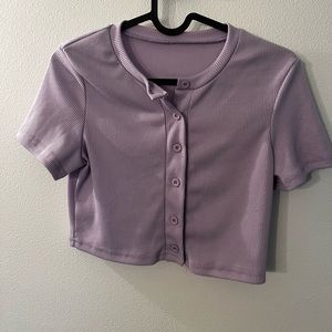 Lilac button down crop top with matching shorts